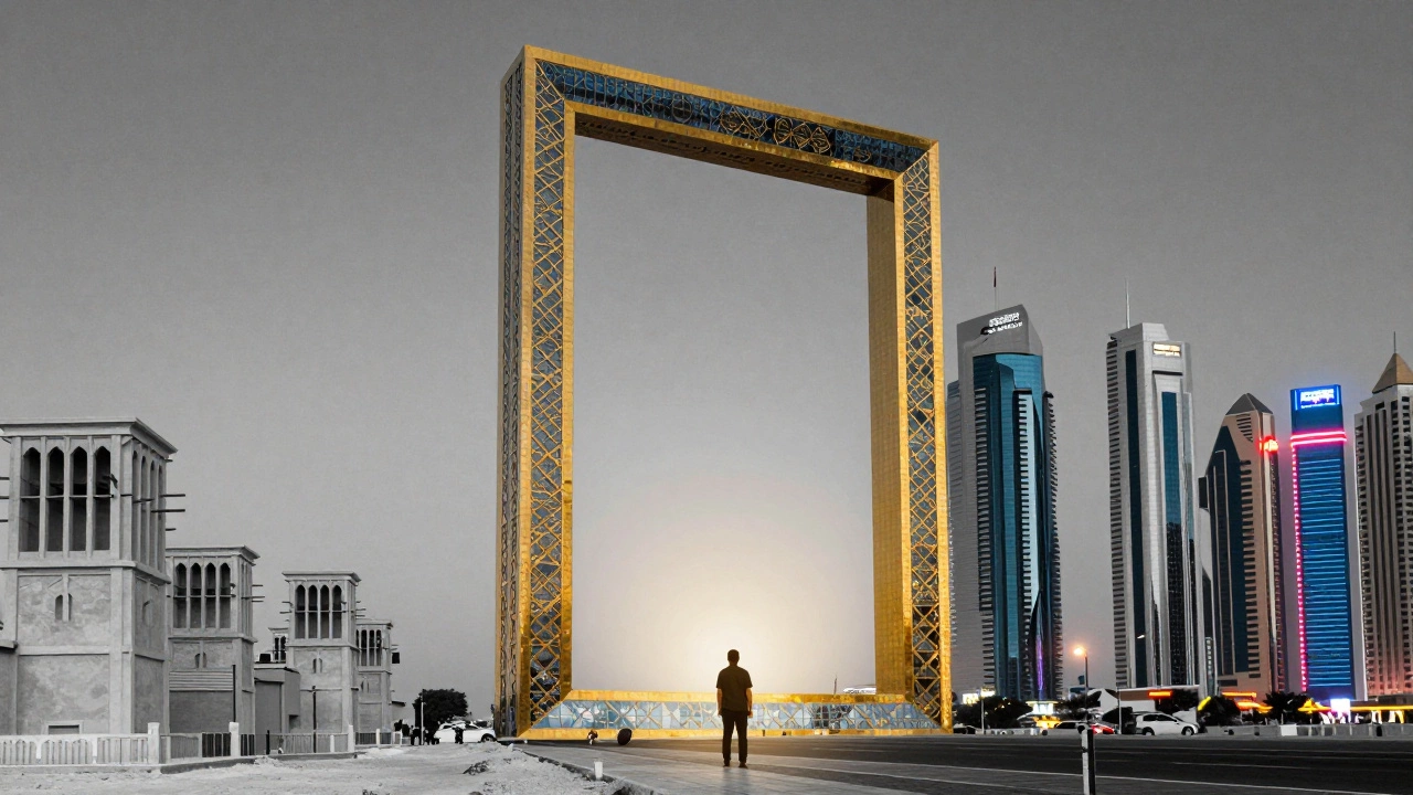 Dubai Frame framing old and new cityscapes with a solitary figure in center.