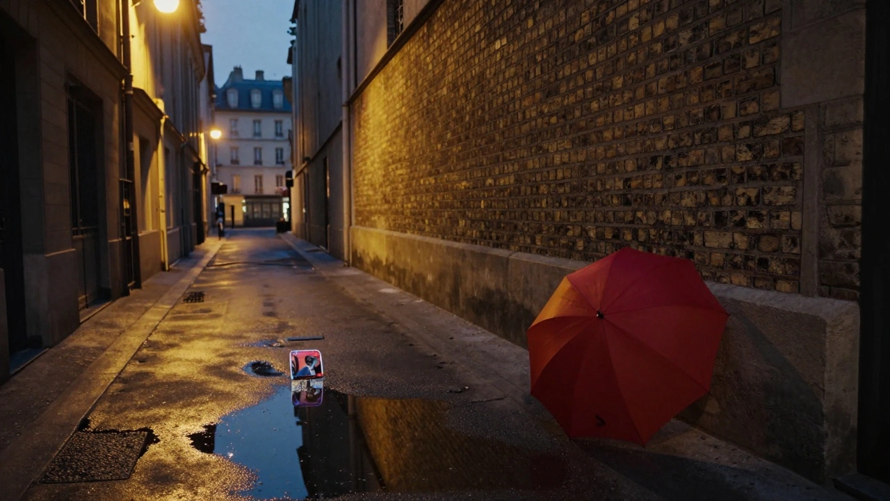 Empty Paris alley at dusk, red umbrella against wall, reflection of a deleted post in puddle.