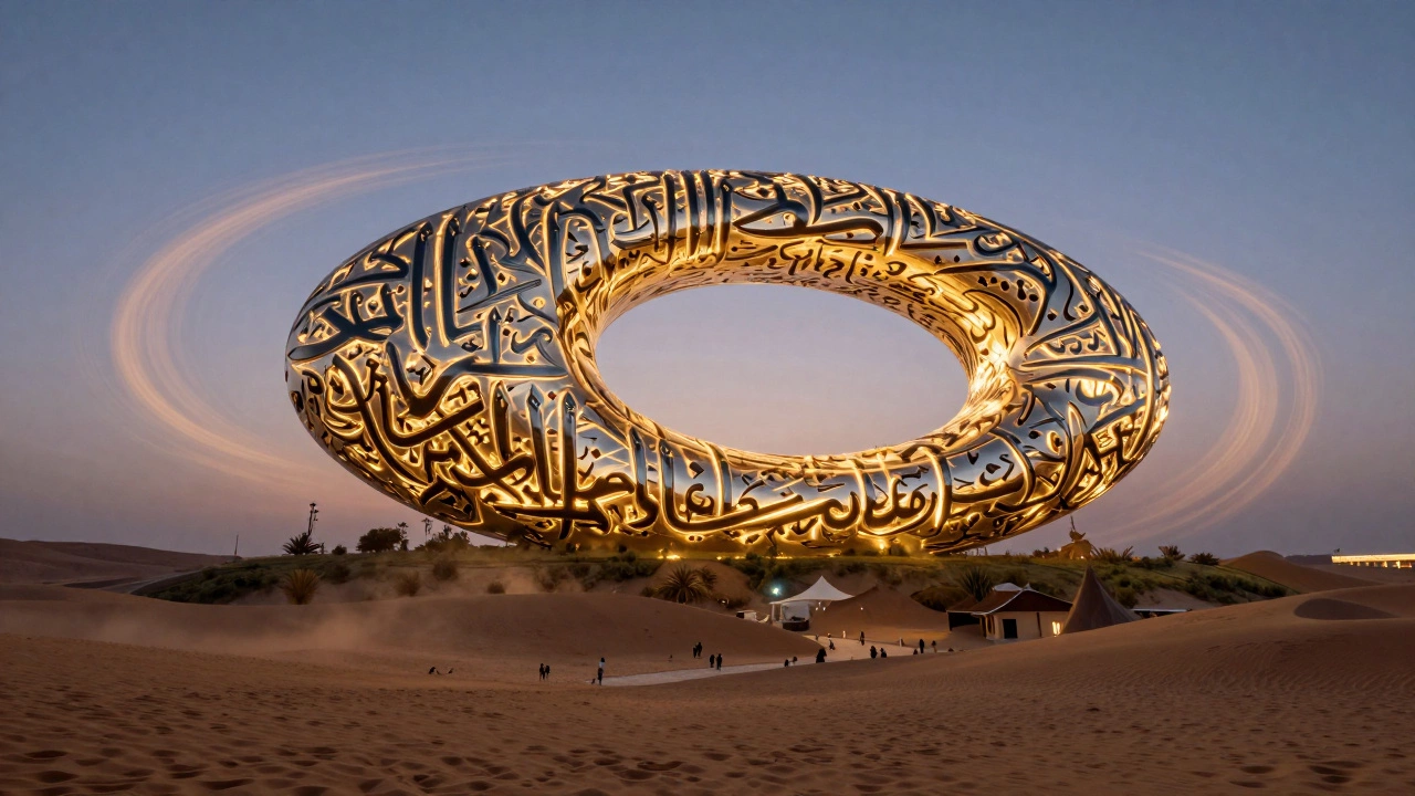 Museum of the Future as a glowing torus with Arabic calligraphy under twilight.