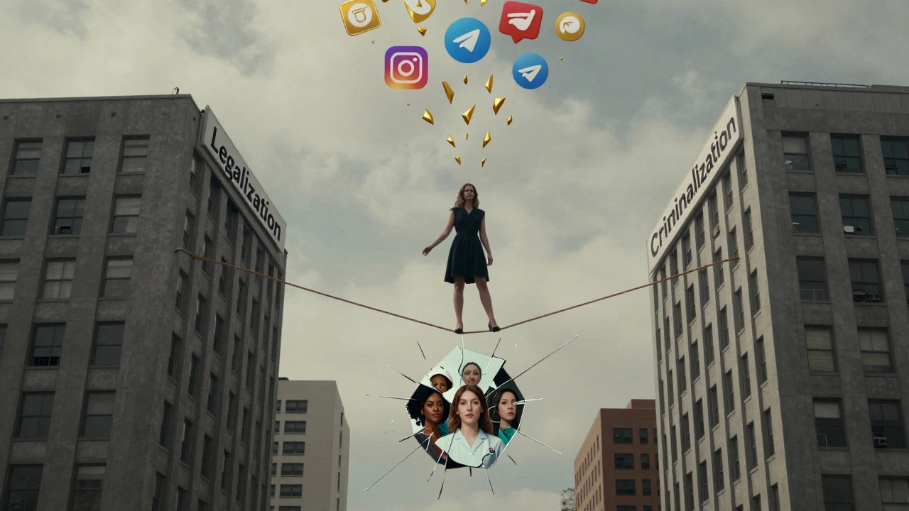 Woman on tightrope between legal systems, digital icons falling, mirror reflecting diverse identities.